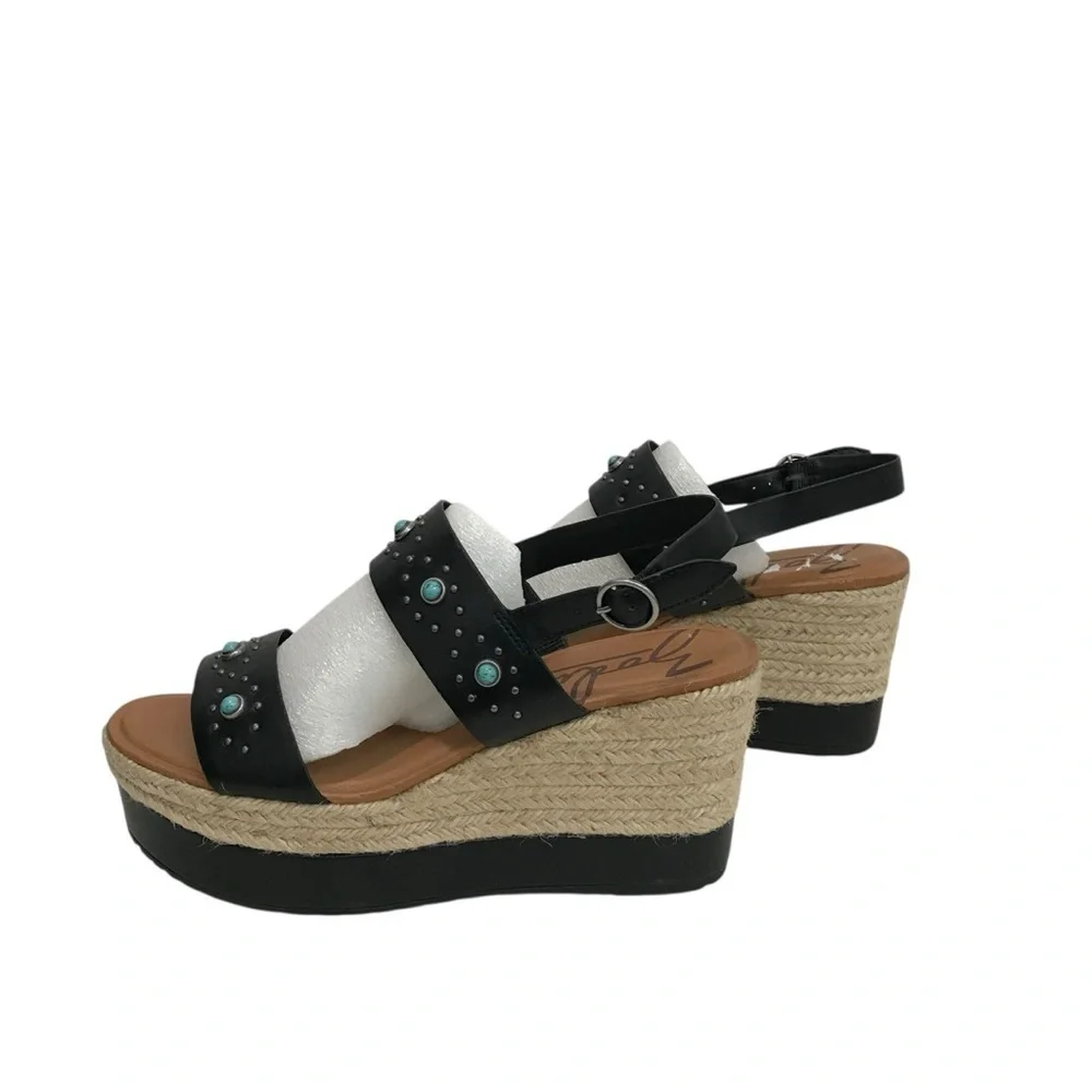 Zodiac Yana Black Faux Leather Turquoise Studded Espadrille Wedge Sandal 9.5